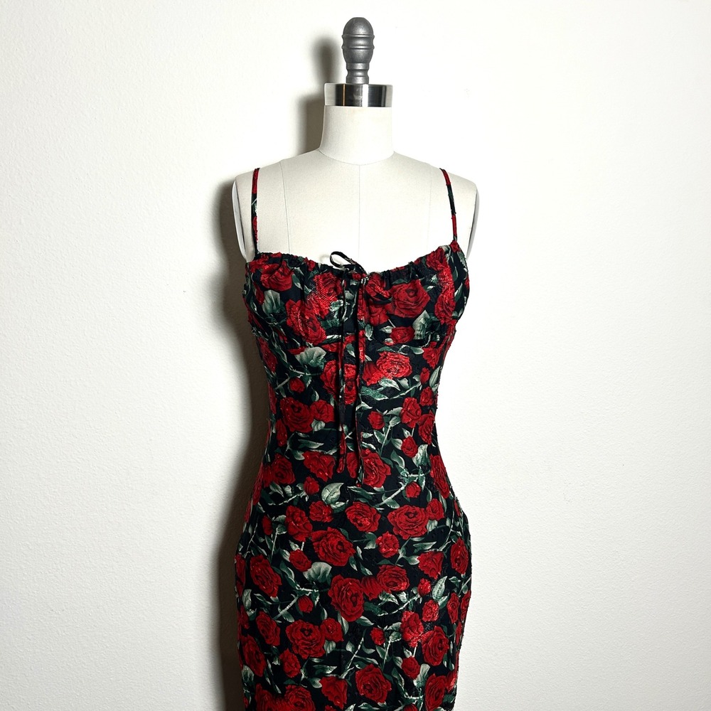 Commense Red Black Floral Rose Jacquard Bustier Cami Maxi Dress Women XS NWT